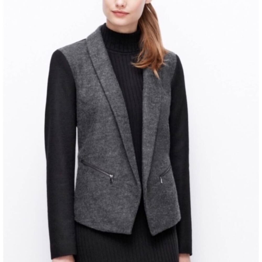 Ann Taylor Wool Blend Tuxedo Style Open Front Colorblock Blazer Sz 10 Gray Black